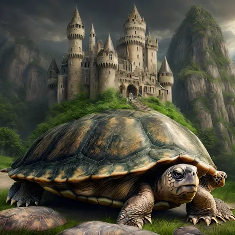 a long shot picture of an epic sized turtle (best details, Masterpiece, best quality: 1.4) having a fantasy castle (built on the back of the turtle: 1.5),  rolling hills, fantasy castle with (turrets: 1.1), (towers:1.1), (bridges:1.2), (barbican:1.1), gree...