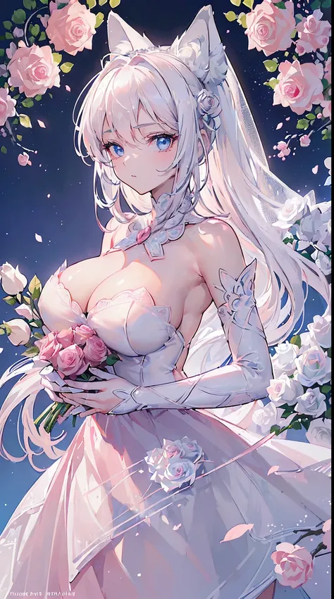 (((masterpiece))), (((highest quality))), ((ultra-detailed)), ((super fine illustration)), ((ultra-fine painting)), (upper body:1.2), Highly detailed and delicate illustration style, detailed skin texture, detailed cloth texture, detailed rose flower textu...