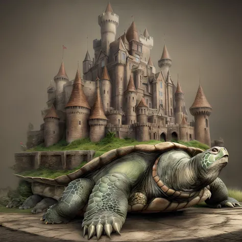 a long shot picture of an epic sized turtle (best details, Masterpiece, best quality: 1.4) having a fantasy castle built on the back of the turtle,  rolling hills, fantasy castle with (turrets: 1.1), (towers:1.1), (bridges:1.2), (barbican:1.1), green rolli...