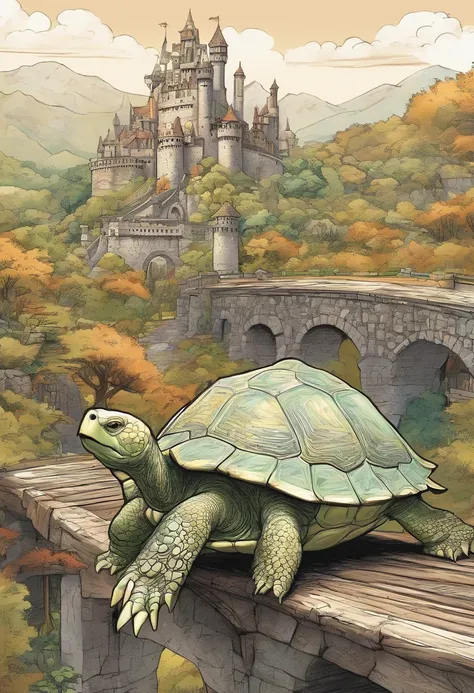 a long shot picture of an epic sized turtle (best details, Masterpiece, best quality: 1.4) having a fantasy castle (built on the back of the turtle: 1.5),  rolling hills, fantasy castle with (turrets: 1.1), (towers:1.1), (bridges:1.2), (barbican:1.1), gree...