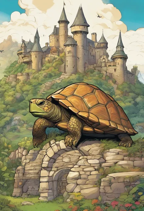 a long shot picture of an epic sized turtle (best details, Masterpiece, best quality: 1.4) having a fantasy castle (built on the back of the turtle: 1.5),  rolling hills, fantasy castle with (turrets: 1.1), (towers:1.1), (bridges:1.2), (barbican:1.1), gree...