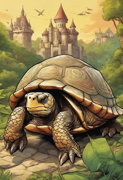 a long shot picture of an epic sized turtle (best details, Masterpiece, best quality: 1.4) having a fantasy castle (built on the back of the turtle: 1.5),  rolling hills, fantasy castle with (turrets: 1.1), (towers:1.1), (bridges:1.2), (barbican:1.1), gree...