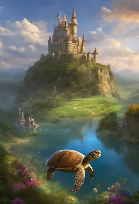 a long shot picture of an epic sized turtle (best details, Masterpiece, best quality: 1.4) having a fantasy castle (built on the back of the turtle: 1.5),  rolling hills, fantasy castle with (turrets: 1.1), (towers:1.1), (bridges:1.2), (barbican:1.1), gree...