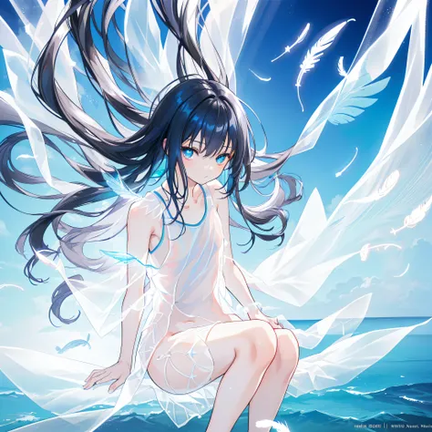 (((A medium shot))) of a black-haired anime teen girl, (sitting in the (ocean), ((strong sunlight)), cinematic light, slim body, skin is perfectly healthy, soft, and smooth, Extremely delicate and beautiful CG illustration, best quality, high resolution, d...