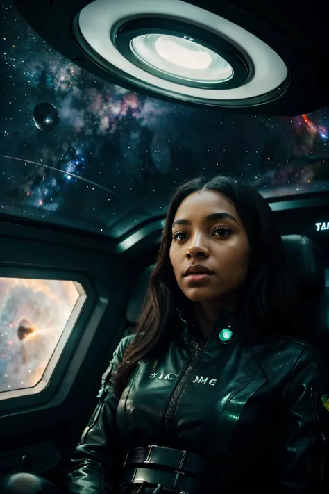 a black girl with green eyes watching two galaxies from an inter-gallactic space ship