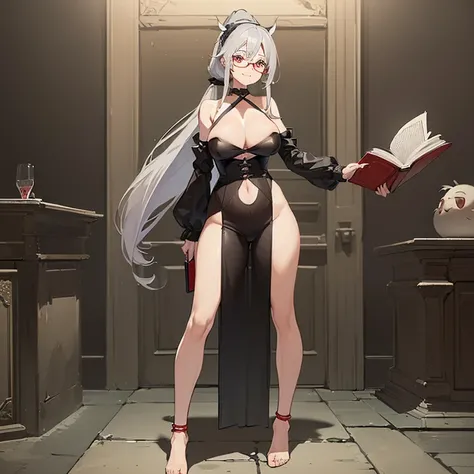 ((woman with long gray hair with two ponytails and red eyes))((chubby)),((with round glasses, standing with legs open in the form m)),((holding a book)),(( facing the spectator)),((giant breasts, naked breasts, with a transparent outfit)),((smiling face)),...