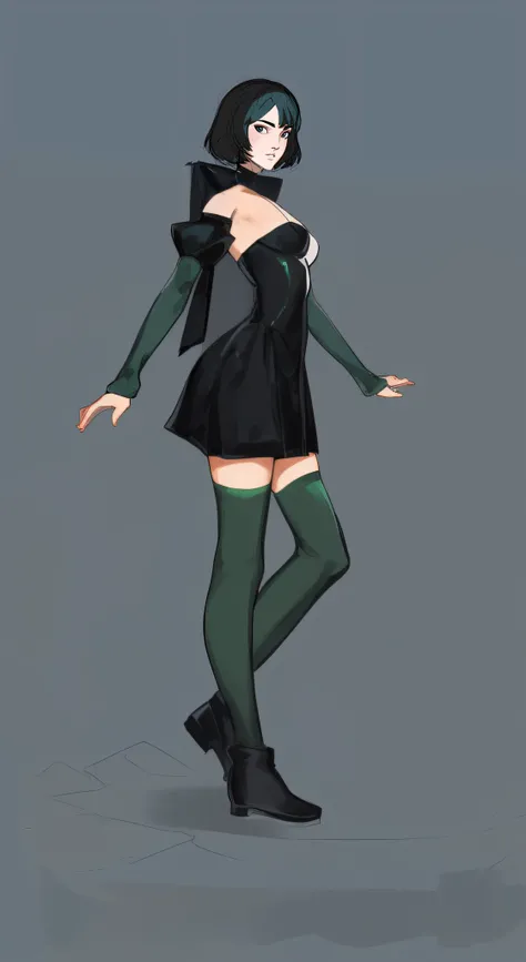 anime girl in a black dress and green stockings posing, full body portrait of a short!, anime full body illustration, full body concept, full body illustration, detailed full body concept, !!full body portrait!!, fullbody portrait, anime woman fullbody art...