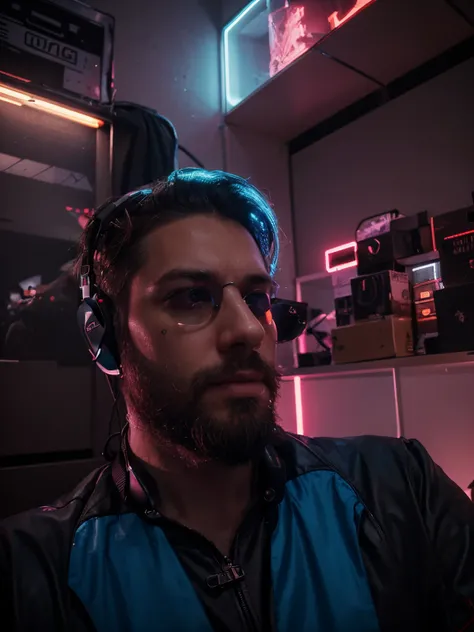 A stunning trendy themed gradient cyberpunk portrait of a man wearing sunglasses, beard, headphones, particularly rich in color detail, very detailed, cool tones, no watermark signature, transcendent stylized twitch streamers filling the entire picture.