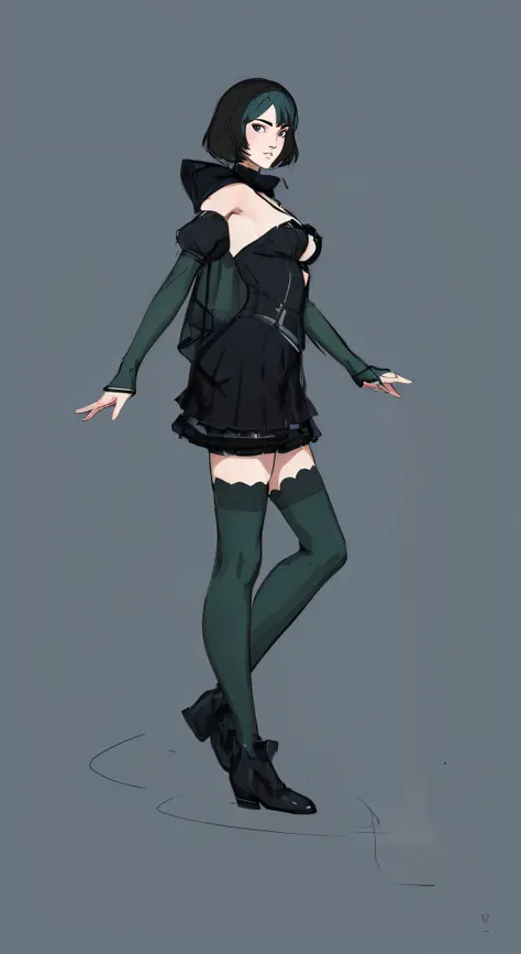 anime girl in a black dress and green stockings posing, full body portrait of a short!, anime full body illustration, full body concept, full body illustration, detailed full body concept, !!full body portrait!!, fullbody portrait, anime woman fullbody art...