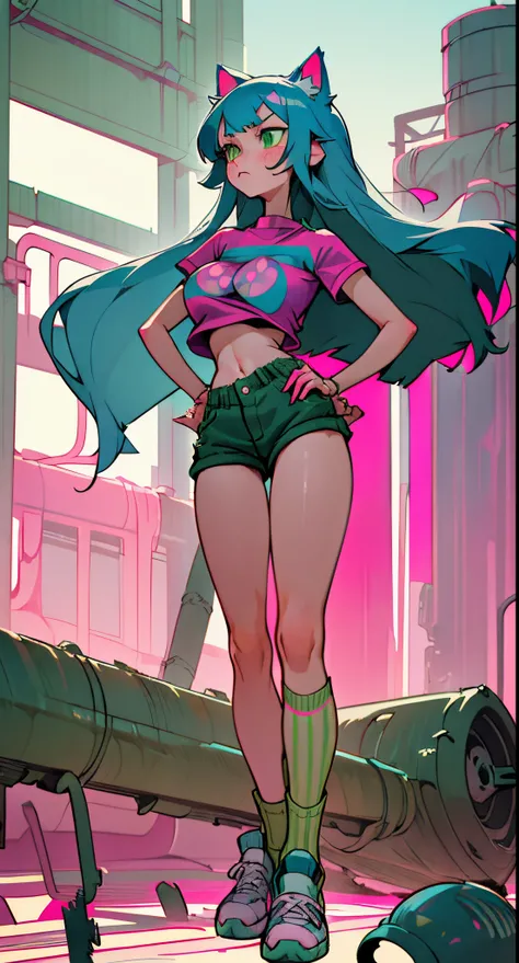 1woman, Long blue hair with pink stripes, bangs, green eyes, Bored face, cat ear, pink underwear , Gray cropped waist t-shirt , tummy, large boobs, elongated legs, spread legs , stand on your hips... ,  Green Socks , sneakers , Abandoned factory, wasteland...