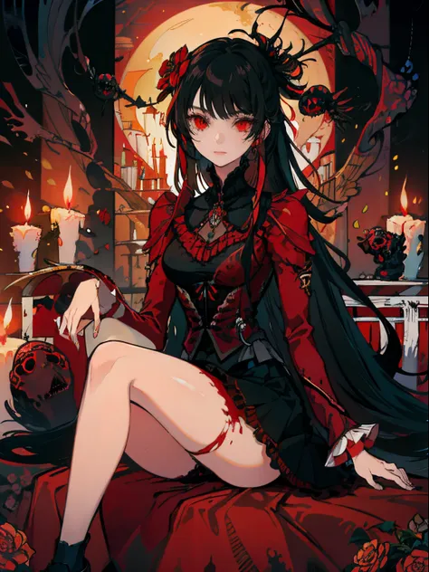 masterpiece, best quality, intricately detailed, a woman, beautiful, elegant, smile, blood, iridescent long hair, bangs, skirt, shirt, long sleeves, frills, shoes, (red and black:1.4), flower, creepy, horror, skulls, long hair, black hair, candle, hair flo...