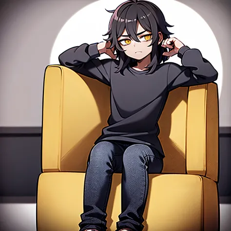 young man, black hair, messy hair, yellow eyes, bored face, dark circles under eyes, sitting on a wooden chair, wearing a dark purple coat, jeans, red sneakers, 4k, masterpiece, best quality