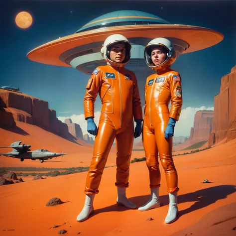 astronauts in orange spaces against the background of a spaceship, Ретро Sci - Fi Art, Tim Hildebrandt, Retro 1 9 6 0 C Sci-fi art, Vintage sci-fi art, Bob Ringwood, Retro Sci - Fantastic picture, Astronauts and space colonies, by David G. Sorensen, Ed Ems...