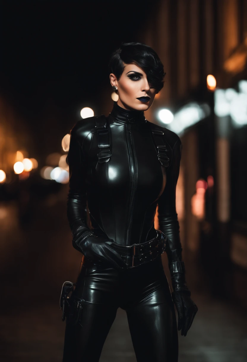 Extremely detailed, very sharp, best quality, female, Sophie Thatcher face, black rider latex suit, tall and lean body, harness, night, night street, lights, very short black haircut, dark makeup, pauldrons, holster,