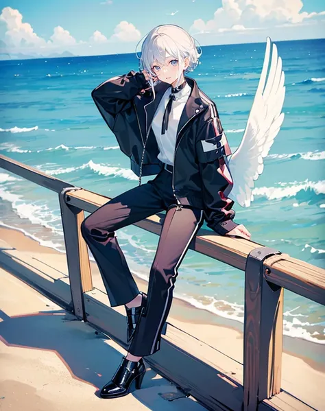 male angel sitting on rebar、full body Esbian、Embrace your broken wings、Fashionable、Dior、black three-quarter sleeve jacket、an legs、shoe、trouser,Plain clothe、Sit up、Above the sea、steel frame