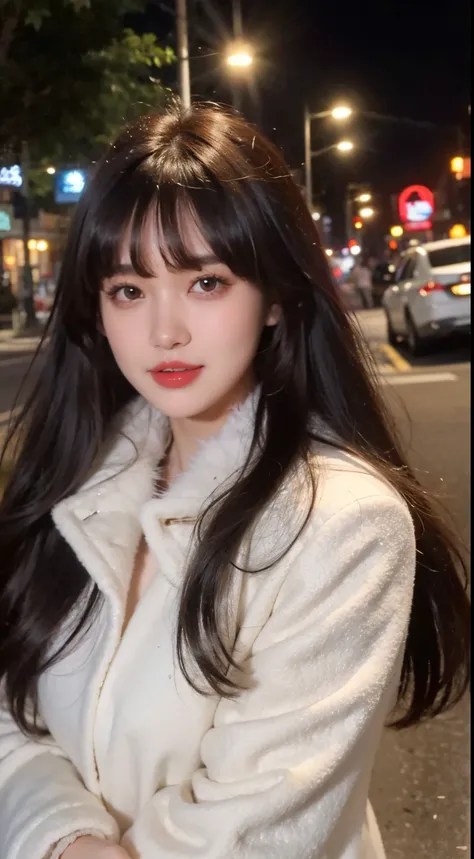 Wearing a white coat and fur collar, She has black hair，With bangs, Fluffy bangs, in a street at night，face to the viewer，The body faces the audience，close your mouth and smile，mediuml breasts，with a round face，a 23 year old girl，clothes together，The cloth...