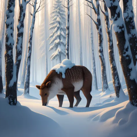 Winter forest landscape with unusual animals