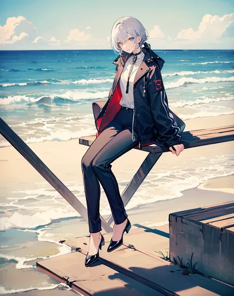 male angel sitting on rebar、full body Esbian、Embrace your broken wings、Fashionable、Dior、black three-quarter sleeve jacket、an legs、shoe、trouser,Plain clothe、on the gray sea、steel frame