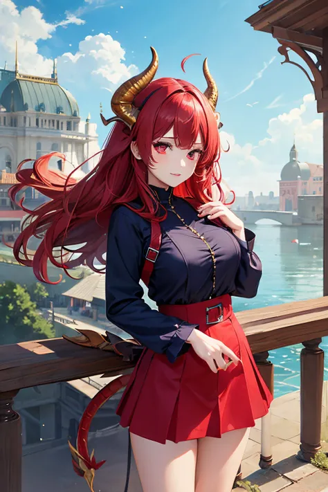 1 dragon girl, dress, palace, red eyes, red hair, mini skirt, beautiful eyes, hair decoration, Big chest, navy red clothes, Dragon horn