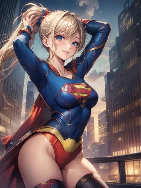 top-quality、Full limbs、complete fingers、one beautiful women、Beautiful Large Breasts、((Neck-length ponytail))、blondehair、((Supergirl Costumes))、night skyscraper、A big smile、Naughty Poses