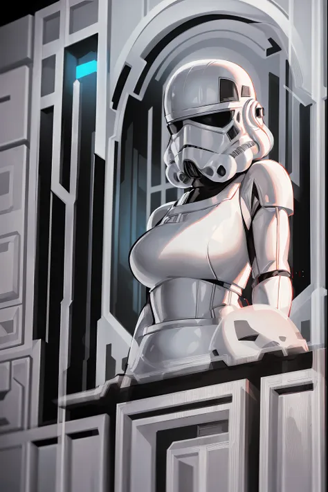 storm trooper, helmet, white armor, science fiction, star wars, 1girl, [black bodysuit], (upper body, portrait), curvy body