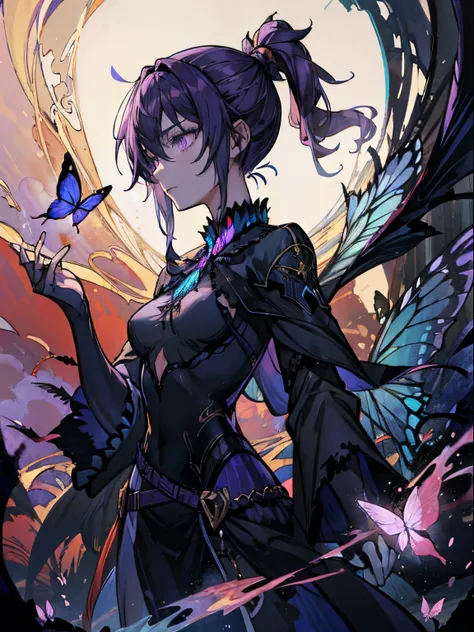 masterpiece, (dark:1.4), butterfly,, rpg style, witch,  purple hair, ponytail, magic