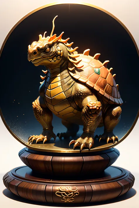 Best quality at best，tmasterpiece，超高分辨率，1（long：1.2），（finely：1.2），golden turtle，Turtle-shell dragon-headed monster，Chinese totem tortoise shell，china idol，Ancient divine beasts，With seal base，（The texture is very real：1.2），（Glowing colorful tortoise shell：1...