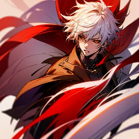 adult guy, anime character with white hair with red tips, badass anime 8 k, shadowverse style, anime wallpaper 4k, handsome guy, yellow eyes, red overcoat.