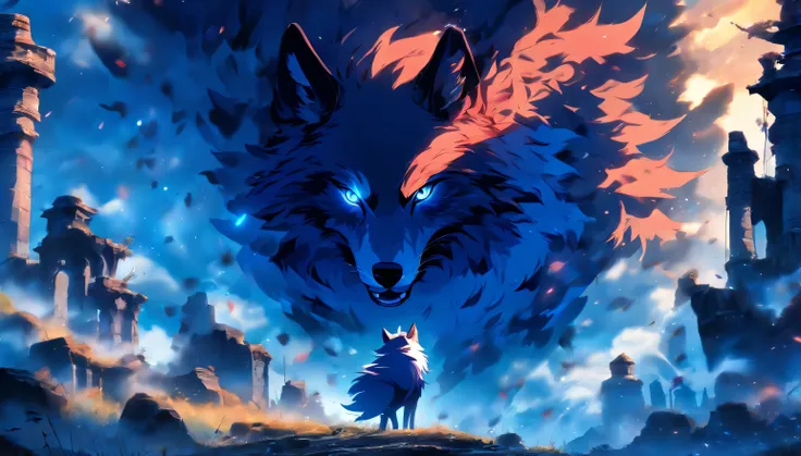 A wolf stands under a blue sky，Back shadow，Solitude，It is surrounded by ruins，In the distance there is the remains of a metal sphere ten kilometers in diameter，Cold wind blows，gale，dark blue theme，furry，Orc symbaroum