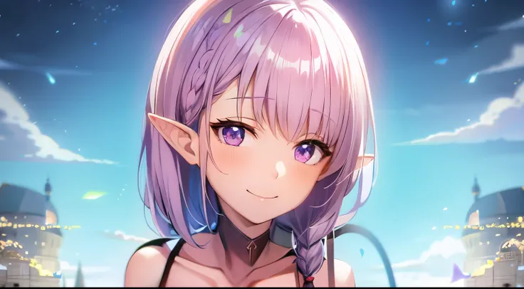 garota anime com cabelo roxo e olhos azuis na frente de uma cidade, Menina elfa, epic RPG portrait, Retrato de um elfo, Cavaleiro elfo sedutor da princesa, Lalafell, crisp clear rpg portrait, anime em estilo fantasia, Um retrato de um elfo, (((louco))) Pri...