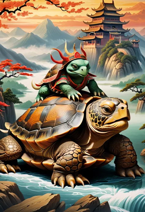 1 turtle，Turtle-shell dragon-headed monster，Tortoise shell with Chinese totem，Chinese style，Ancient divine beasts，Mountain and river background