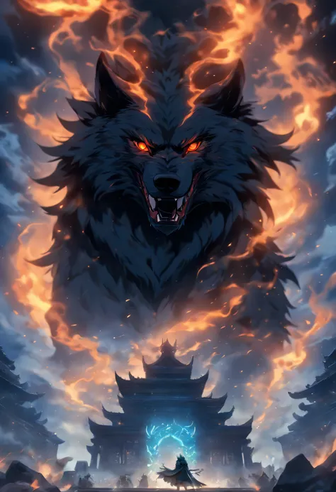 best quality, high resolution, 4K detailed CG, master piece, Fenrir, giant wolf, Ragnarok, wolf, Correntes, olhar de raiva, palace in chamas, , fire, fog, Norse mythology, VIKINGS, beautiful aesthetics, beautiful image, centralized na fabric