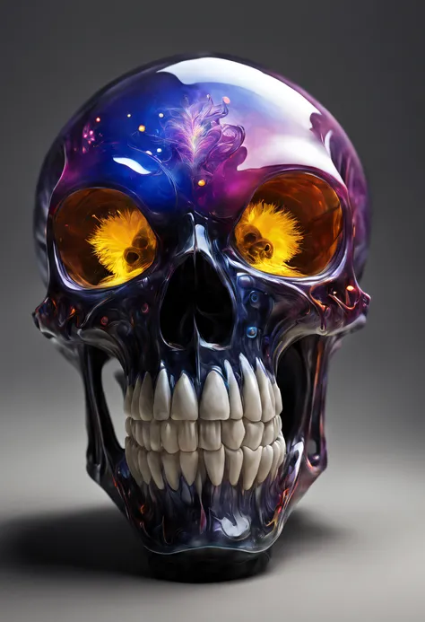 A realistic colored glass alien skull, beautiful and detailed. Which explodes when falling to the ground, the projections are textured like lot of colorful dreaming dust