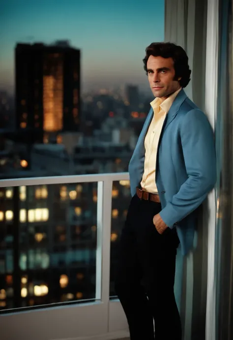 A photo of Ted standing in a luxurious penthouse apartment, looking out over the city skyline with a satisfied smirk.,real life,Ted Bundy, 1970s aesthetic