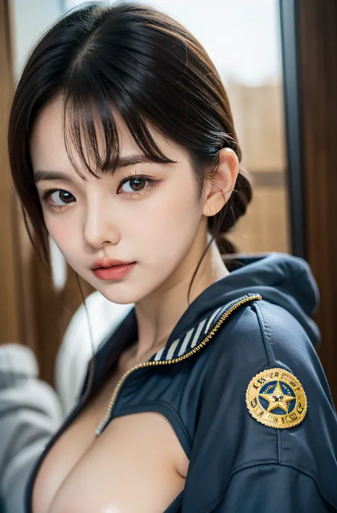 Exposed nipples、Air Force Pilot、Pose in front of a fighter、flight suit、High exposure、Photorealistic images of solo idols, Morning Musume inspired by Eri Kamei, Radiates charm and beauty with plenty of bust and subtle exposure of cleavage. The image is、Must...