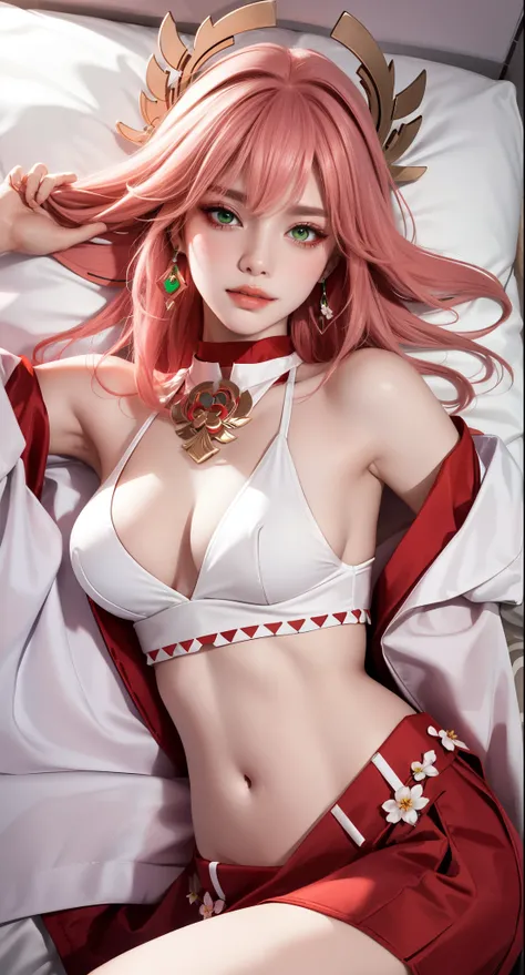 on bed, lying on bed sexy, (Masterpiece, Excellent, 1girl, solo, complex details, color difference), realism, ((medium breath)), off-the-shoulders, big breasts, sexy, Yae Miko, long pink hair, red headdress, red highlight, hair above one eye, green eyes, e...