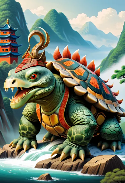 1 turtle，Turtle-shell dragon-headed monster，Tortoise shell with Chinese totem，Chinese style，Ancient divine beasts，Mountain and river background