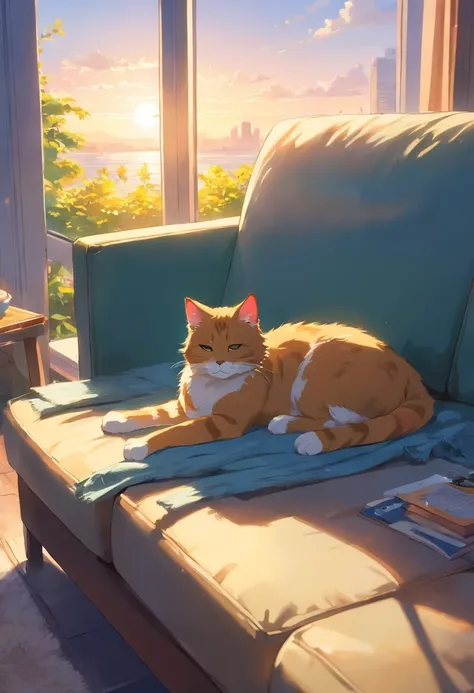 cat, lies in a couch, Sunny weather, topquality, tmasterpiece