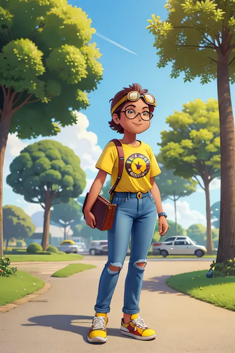 Park with lots of trees, mulher adulta de 40 anos, camiseta amarela grande, Denim Jeans Pants, wearing goggles, wearing yellow all star sneakers, cabelos pretos e grandes, lendo um livro sentada, mulher feliz, personagem Totoro ( melhor qualidade)