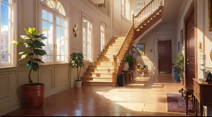 hallway with stairs, sunny, uhd, 64k, masterpiece, comissioned