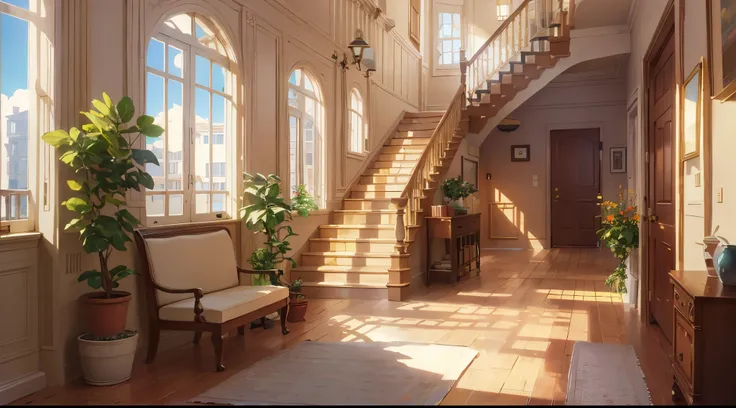 hallway with stairs, sunny, uhd, 64k, masterpiece, comissioned