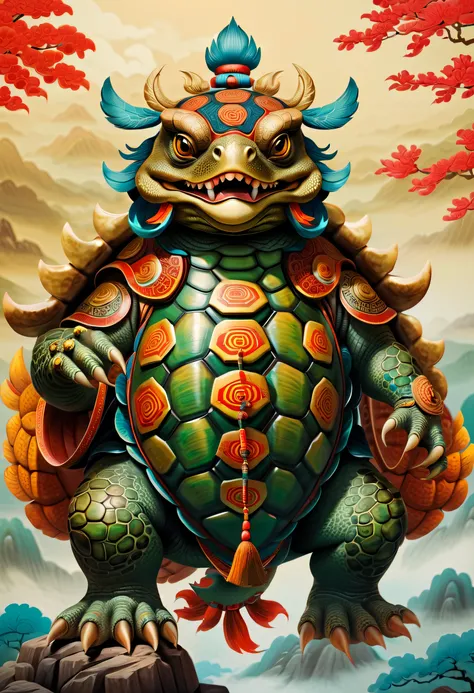 Turtles，Turtle-shell dragon-headed monster，Tortoise shell with Chinese totem，Chinese style，Ancient divine beasts