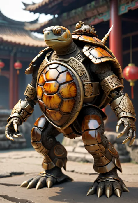 future turtle warrior，Metal tortoise shell，Mechanical limb，There are Chinese totems on the tortoise shell