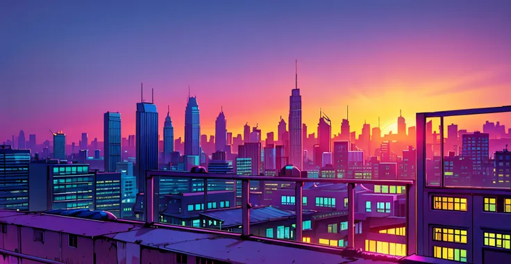 view from the penthouse window to the colorful city, city sunset, the city, sunset night, sunrise background, city twilight land...