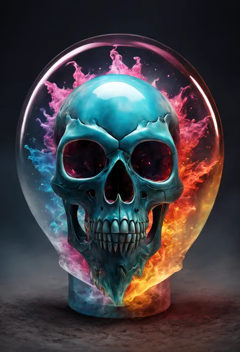 A realistic colored glass alien skull, beautiful and detailed. Which explodes when falling to the ground, the projections are textured like lot of colorful dreaming dust and Lava Explosion