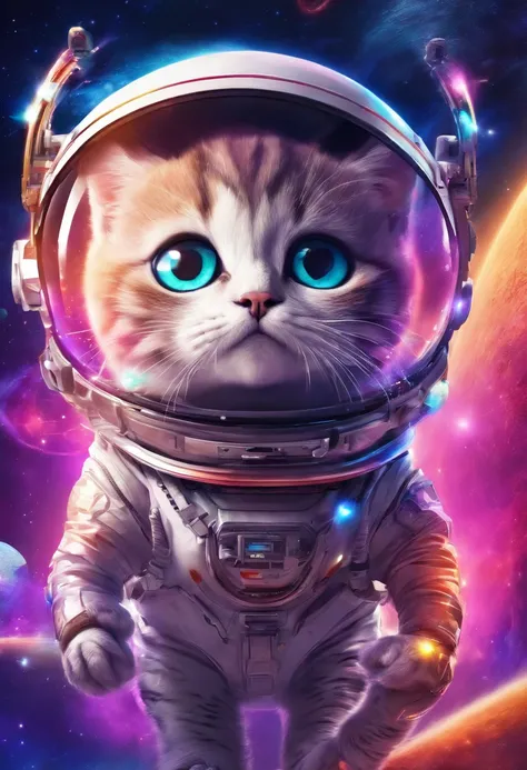 Cat in a spacesuit, Flies, Fantastic landscape on an alien planet, bright rainbow and planets with rings in the sky