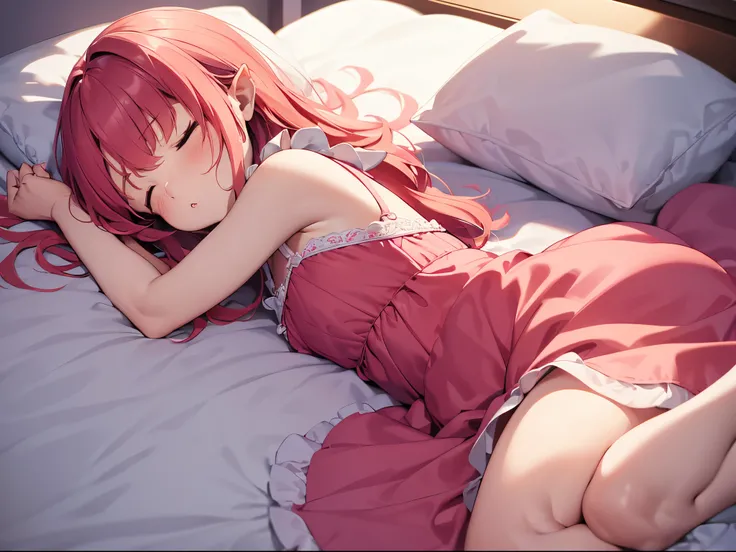 A 20 year old woman, sleeping in bed, pointed ears, side view for the viewer, red-pink hair, closed eyes, sleeping beauty, ((wearing a sleep dress)), very good quality, shr good resolution, sweet dreams, body properly defined, clothed