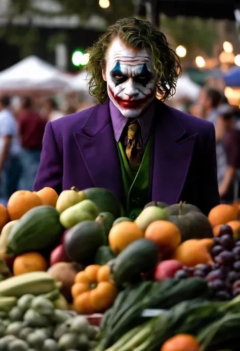 A photo of the Joker causing chaos at a local Gotham City farmers market, throwing fruits and vegetables at terrified onlookers,The Dark Knight,Heath Ledger’s portrayal of the Joker in “The Dark Knight” is marked by his disheveled, greasy hair, smudged clo...