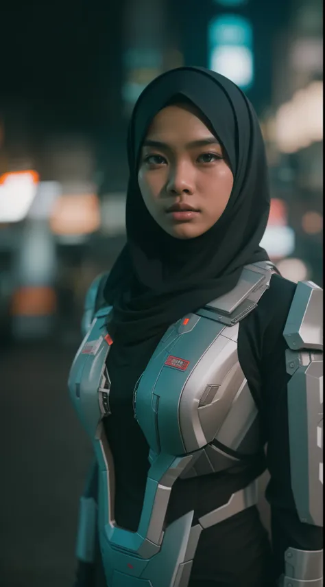 a malay teenage girl in hijab and mecha suit standing in action in front of bustling kuala lumpur malaysia city streets, serious face, nighttime, 35mm lens, establishing shot, pastel color grading, depth of field cinematography effect, film noir genre, 8k ...