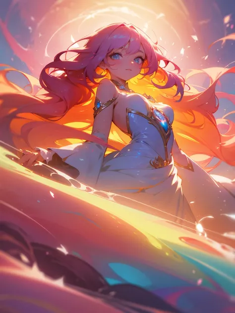 beautiful anime girl in colorful multi-layered ballgown, vibrant pastel colors, (colorful), magical lights, sparkling liquid light, colorful wavy hair, inspired by Glen Keane, inspired by Lois van Baarle, disney art style, by Lois van Baarle, glowing aura ...